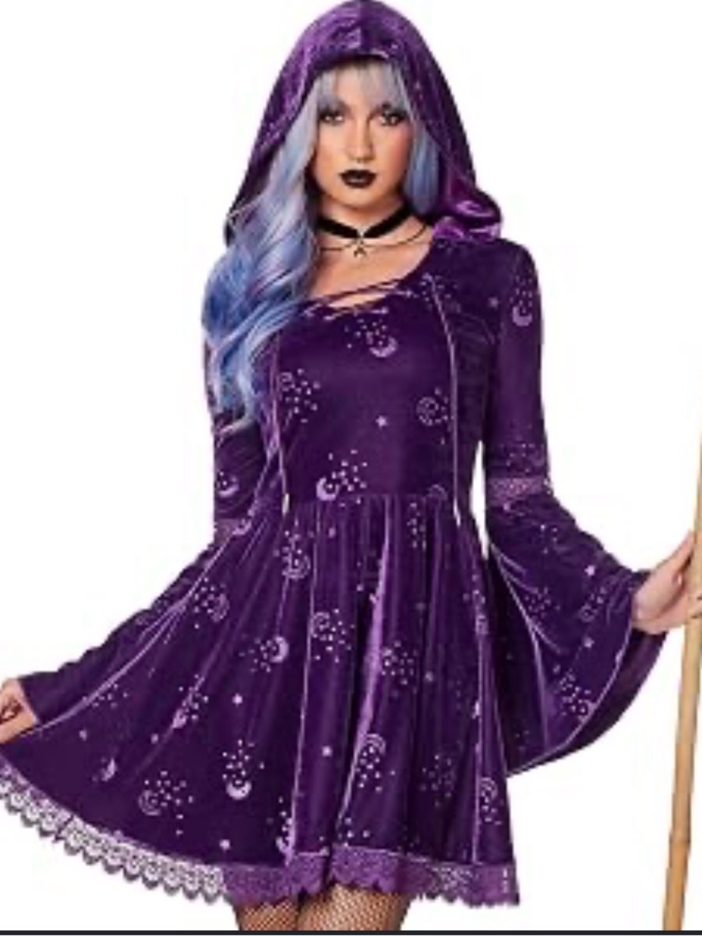 Spirit Purple Velvet Hooded Witch Dress with Celestial Print